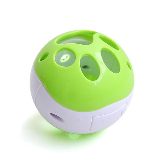 A colorful treat ball designed for cats, featuring LED lights and sound, promoting interactive play and slow feeding.