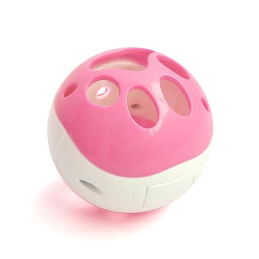 A colorful treat ball designed for cats, featuring LED lights and sound, promoting interactive play and slow feeding.