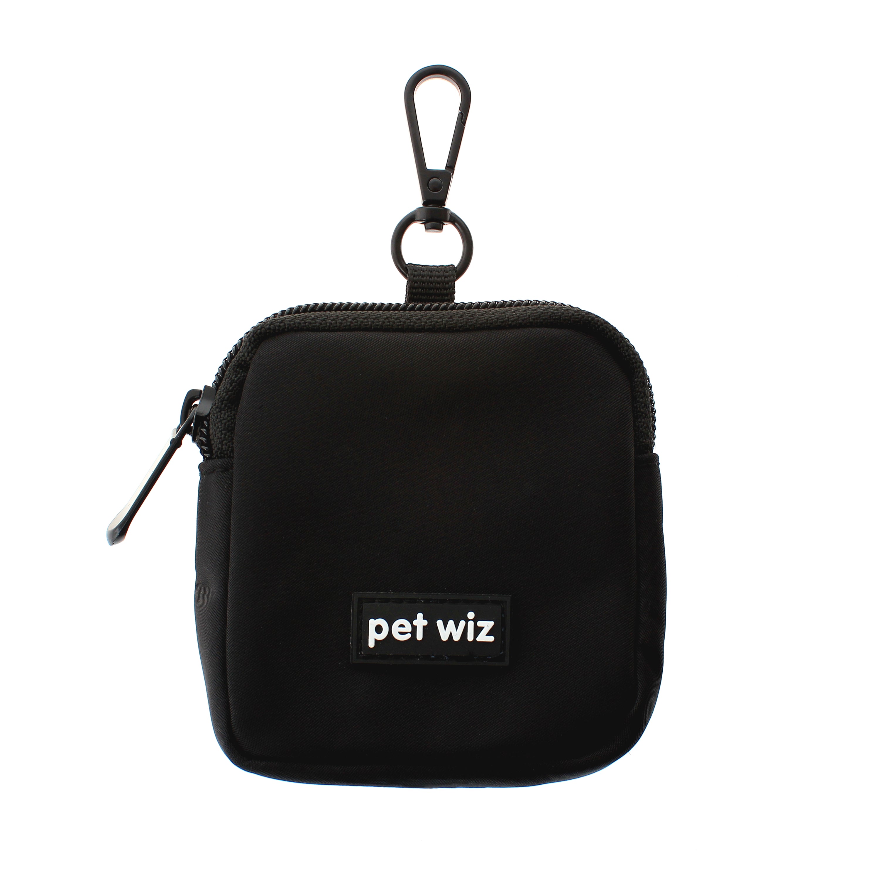 A durable treat pouch clipped onto a dog leash, designed for easy access to dog treats.