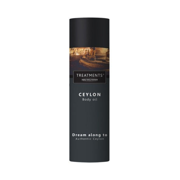 Bottle of TC02 Body Oil from Ceylon, featuring apricot and almond oil for skin nourishment, 150 ml.