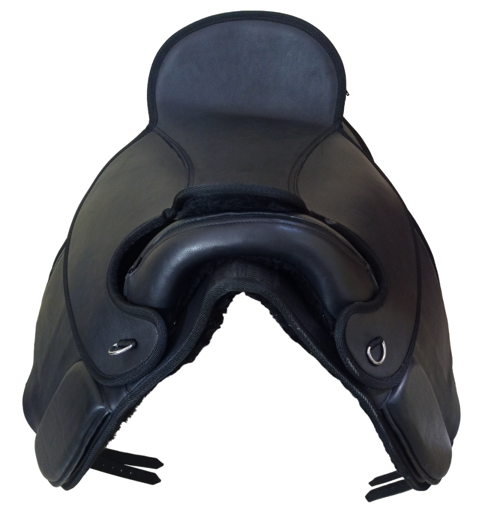 Treeless Synthetic Bareback Horse Saddle in black, featuring a durable knee pad, cushioned seat, and detachable seat with Velcro system.
