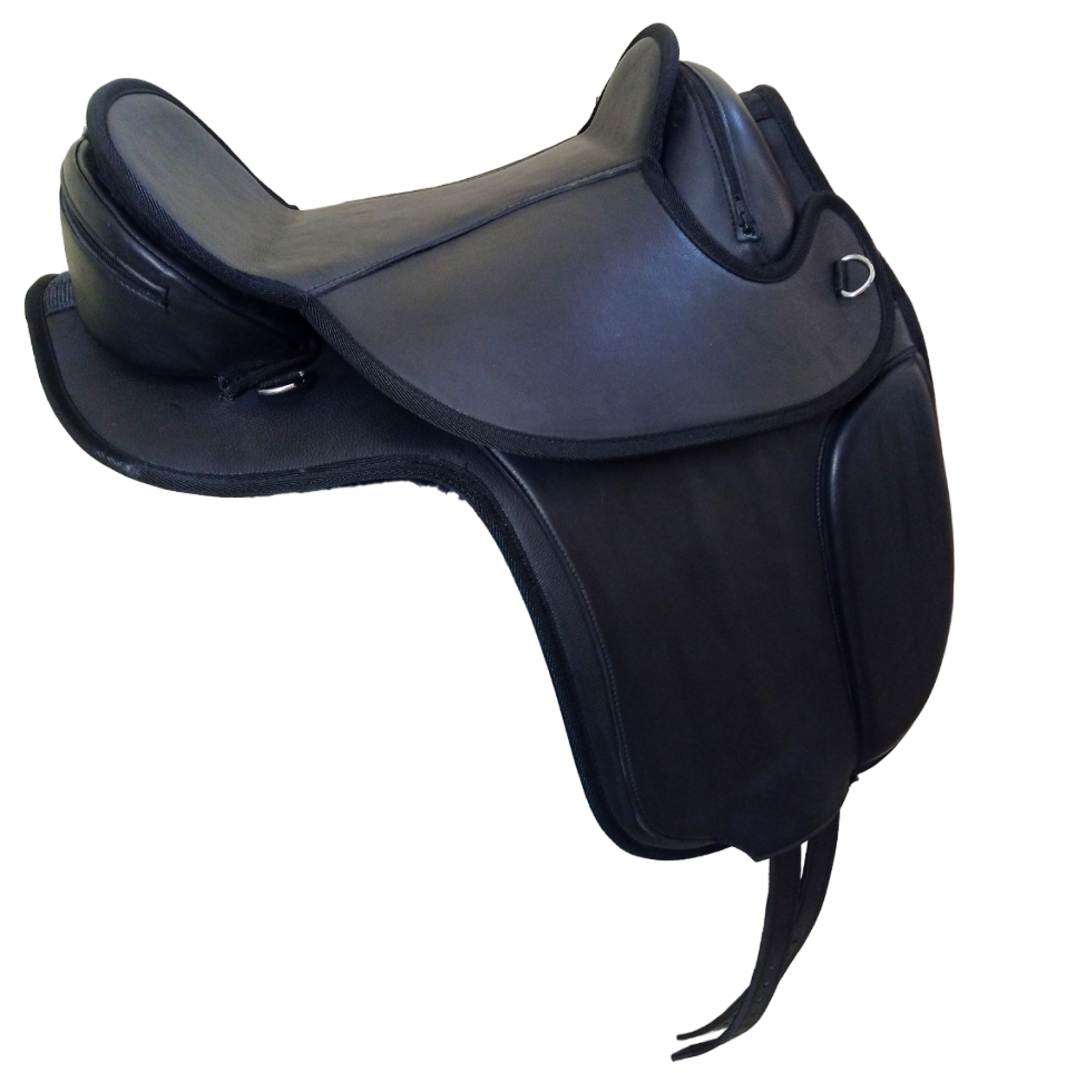 18 inch Treeless Synthetic Bareback Horse Saddle with stirrup, featuring cushioned molded seats and durable knee pads.