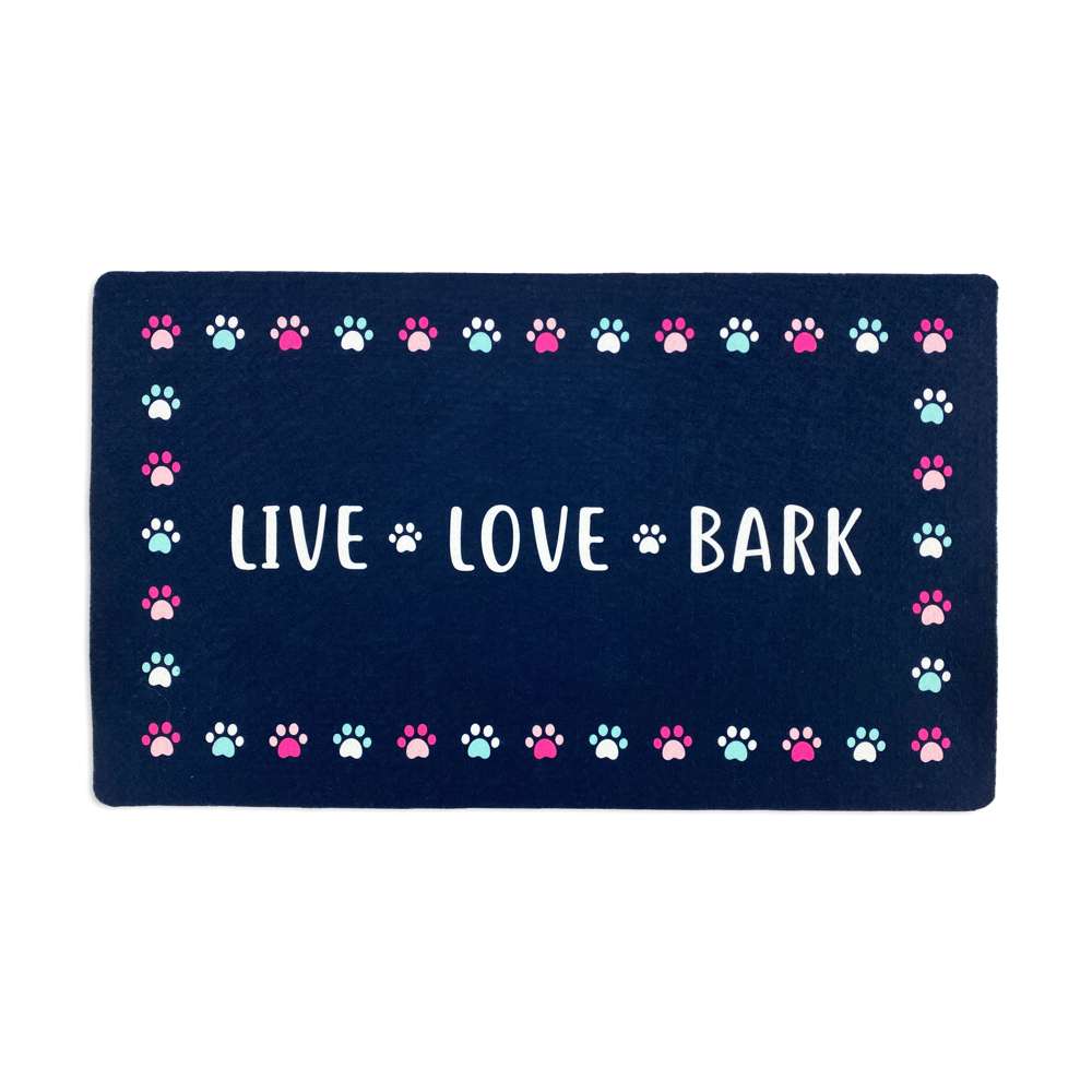 Trendy Paws Dog Mat featuring a colorful, slip-resistant design, perfect for food and water bowls.