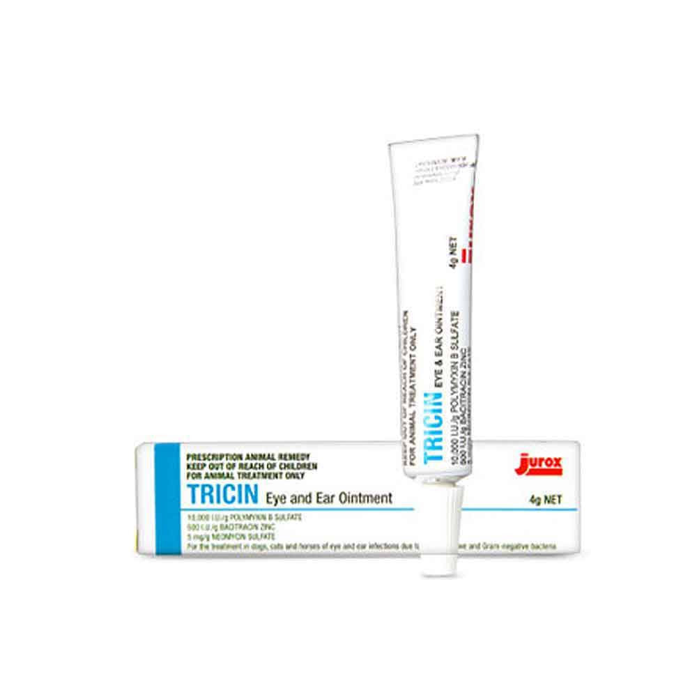 Tricin Eye and Ear Ointment tube with label, suitable for pets.
