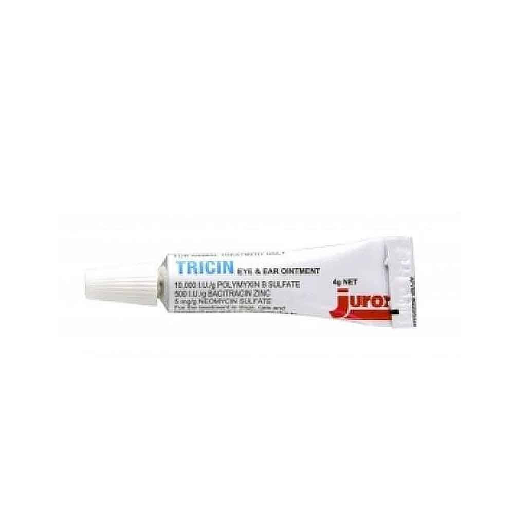 Tricin Eye and Ear Ointment tube with label, suitable for pets.