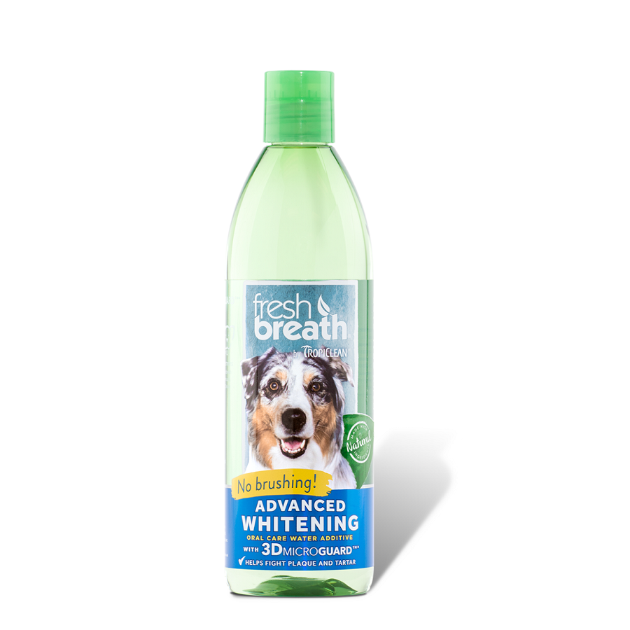 Tropiclean Advanced Whitening Oral Care Water Additive in a 16 oz bottle, designed for pet dental health with a clear liquid formula.