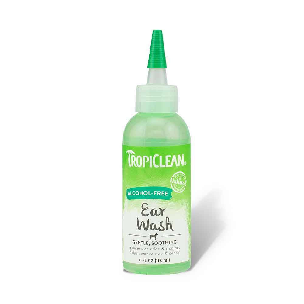 Tropiclean Alcohol-Free Ear Wash for Pets in a bottle with a label, designed for gentle ear cleaning.
