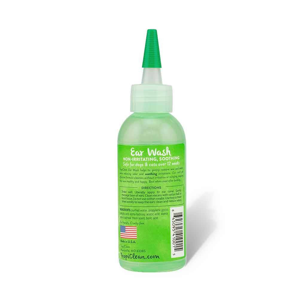 Tropiclean Alcohol-Free Ear Wash for Pets in a bottle with a label, designed for gentle ear cleaning.