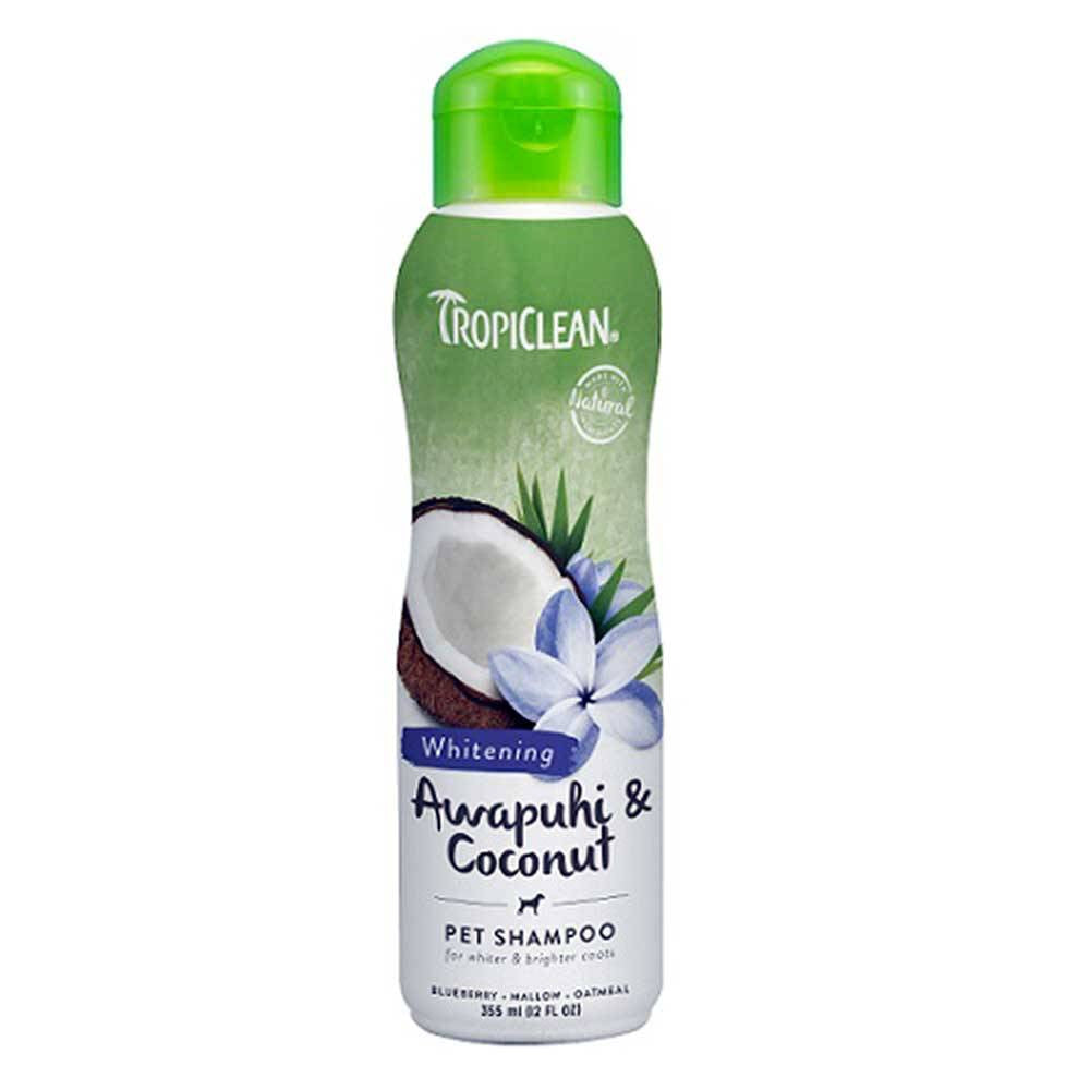 Tropiclean Awapuhi & Coconut Pet Whitening Shampoo bottle with a bright label showcasing its natural ingredients.