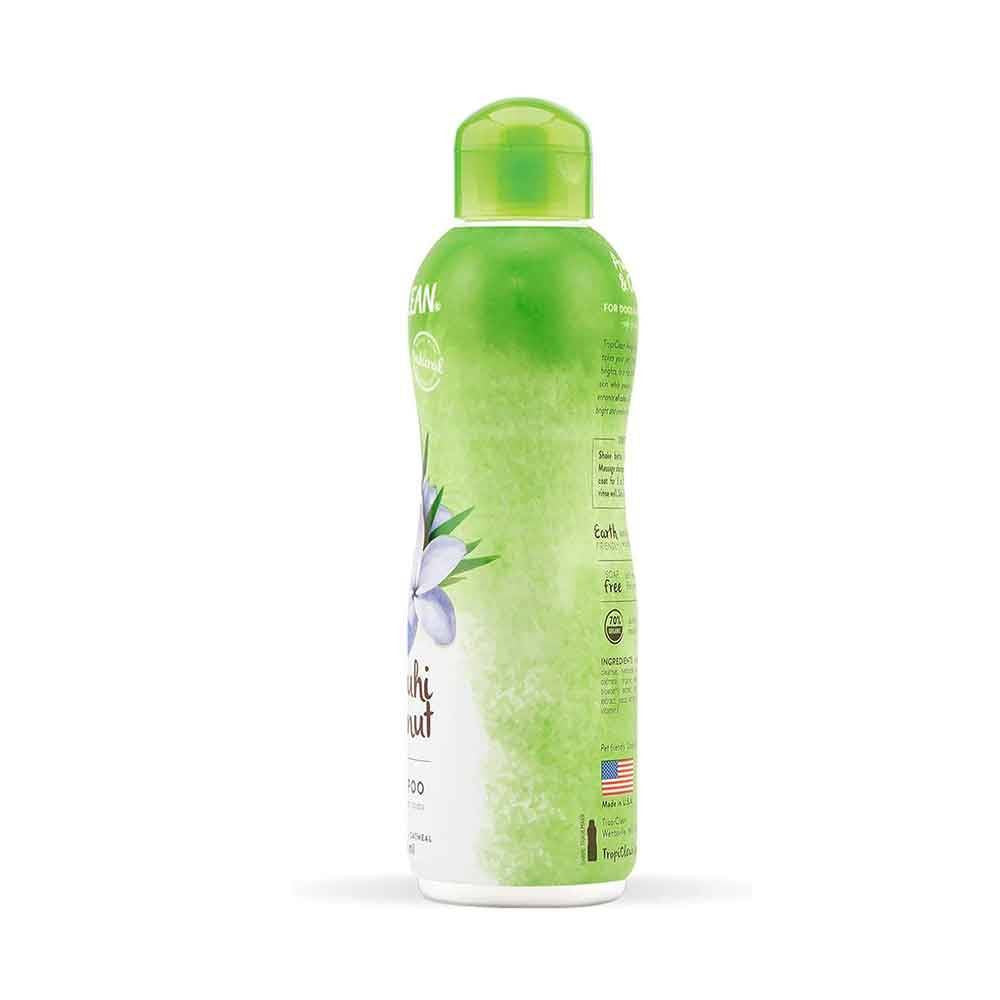 Tropiclean Awapuhi & Coconut Pet Whitening Shampoo bottle with a bright label showcasing its natural ingredients.