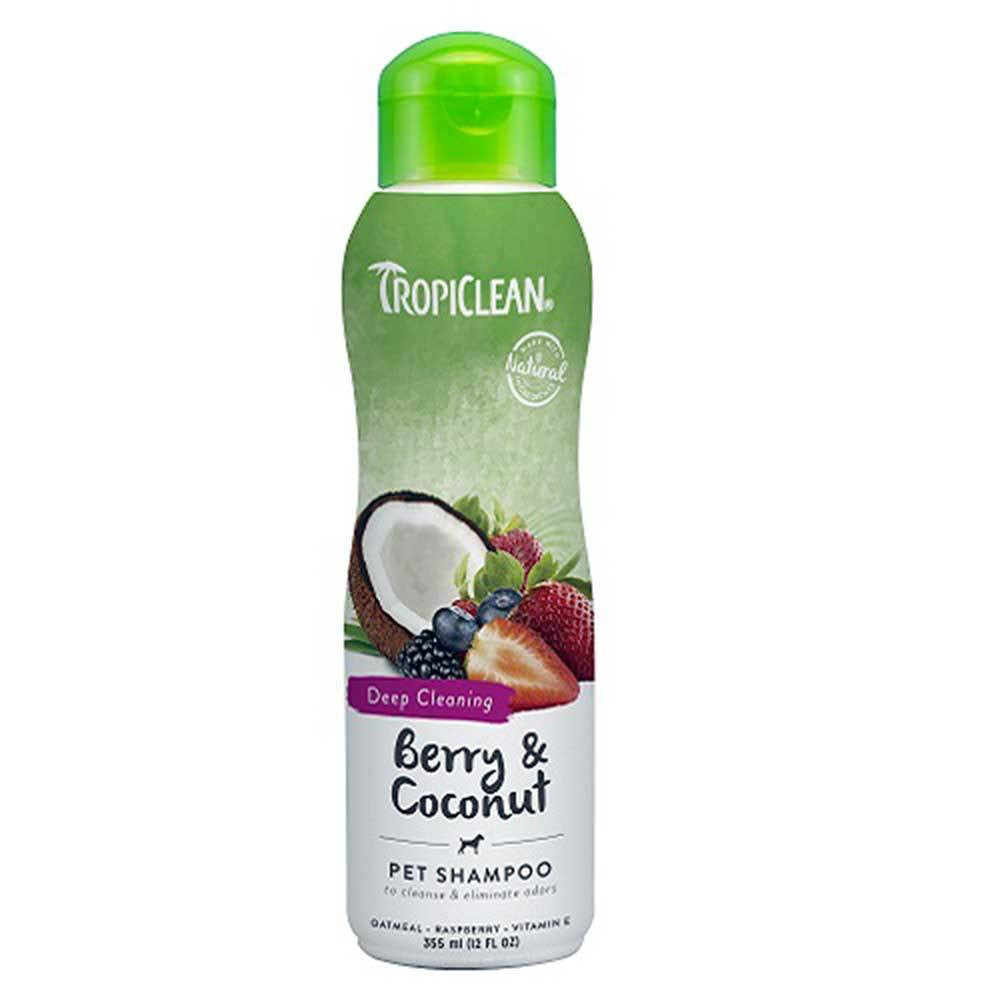 A bottle of Tropiclean Berry & Coconut Pet Shampoo featuring vibrant colors and a tropical design, ideal for cleaning pets.