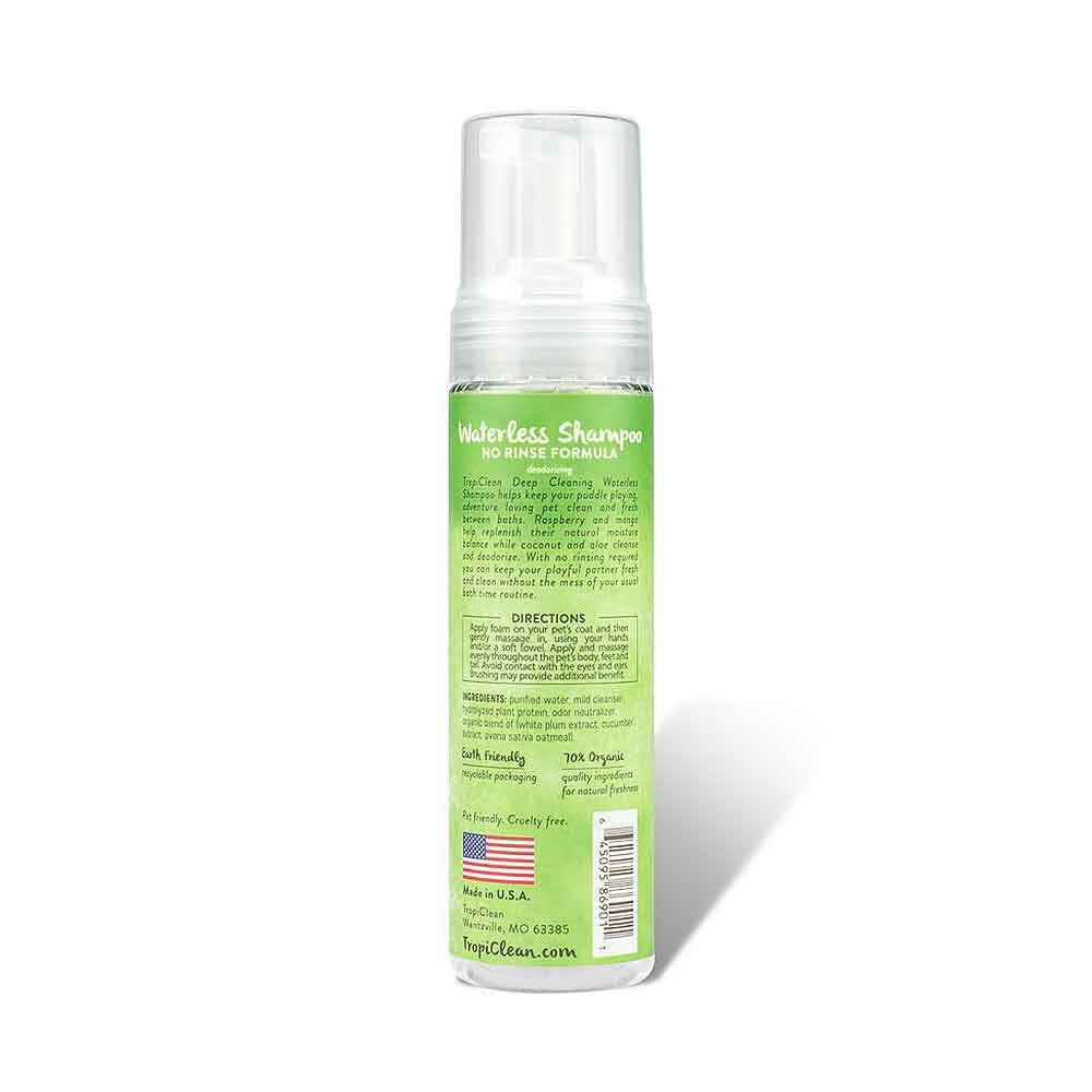 Tropiclean Deep Cleaning Waterless Shampoo for Pets bottle with vibrant packaging, featuring images of raspberry and mango.