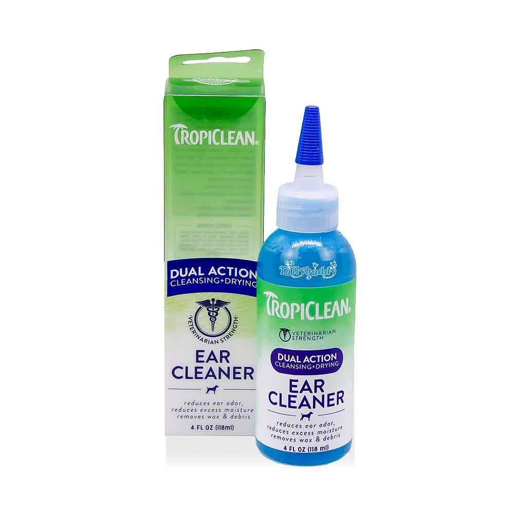 Tropiclean Dual Action Ear Cleaner for Pets in a bottle, designed for effective ear cleaning and odor reduction.