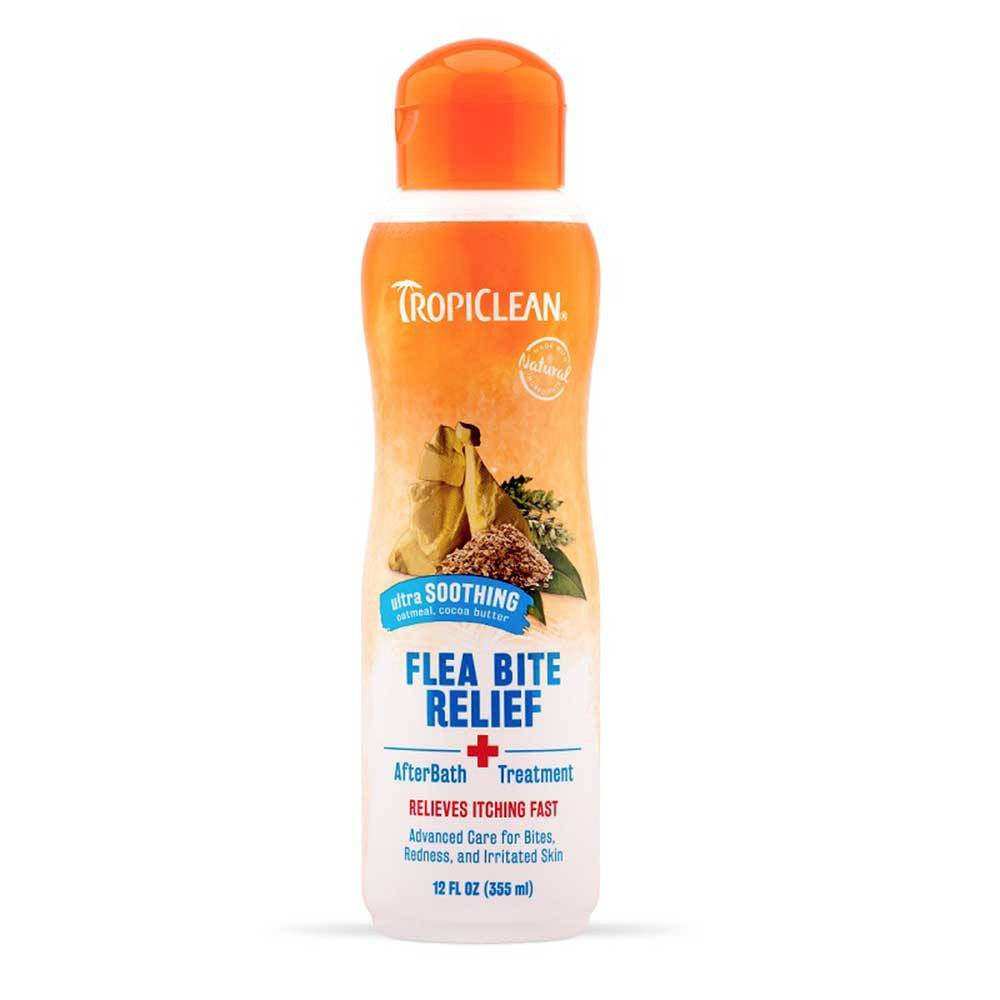 Tropiclean Flea and Bite Relief After Bath Treatment bottle with soothing ingredients for pets.