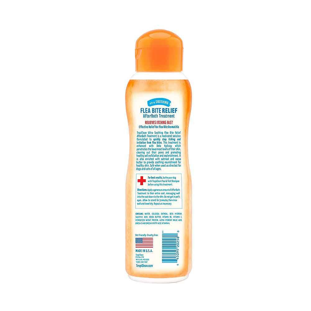 Tropiclean Flea and Bite Relief After Bath Treatment bottle with soothing ingredients for pets.
