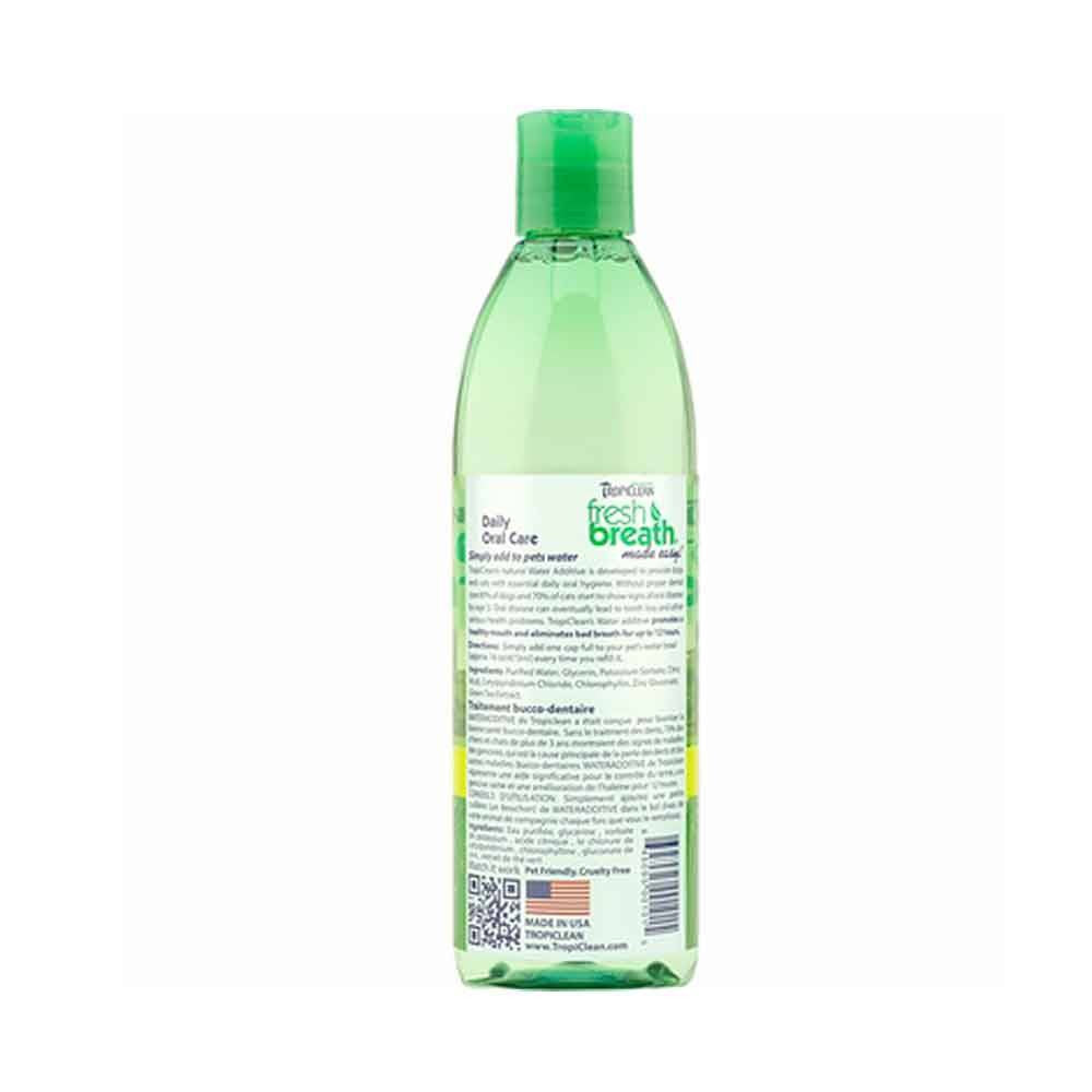 Tropiclean Fresh Breath Oral Care Water Additive 16oz bottle with a green label, designed for pet dental health.