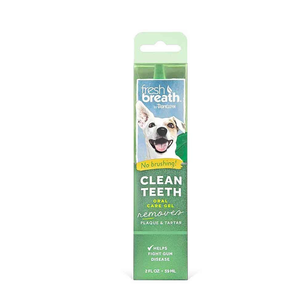 Tropiclean Fresh Breath Clean Teeth Gel in a 2 Fl oz bottle, designed for pet oral care with natural ingredients.