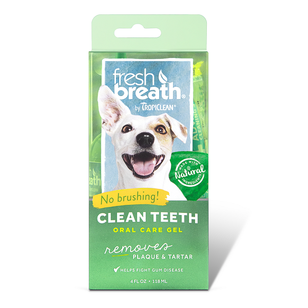 Tropiclean Fresh Breath Clean Teeth Gel for Dogs in a 4 oz bottle, featuring a green label with natural ingredients.