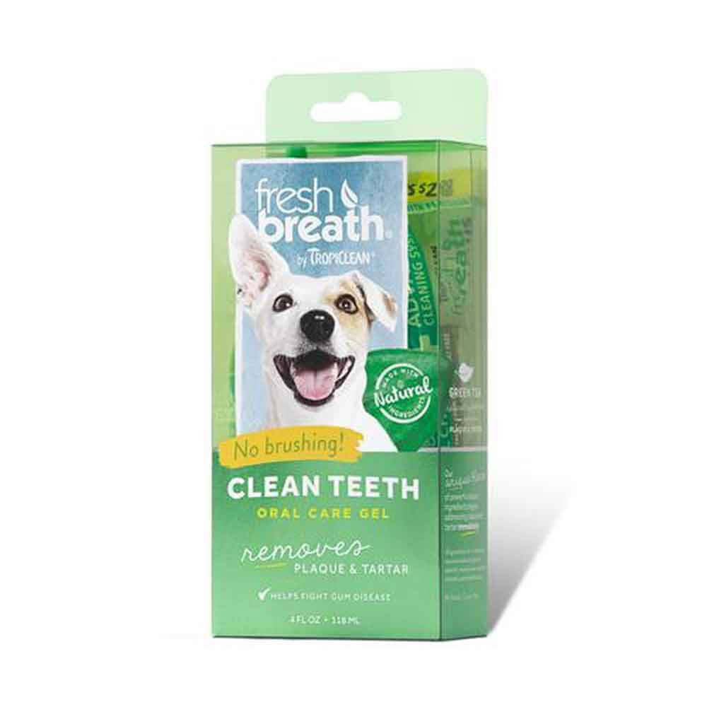 Tropiclean Fresh Breath Clean Teeth Gel for Dogs in a 4 oz bottle, featuring a green label with natural ingredients.