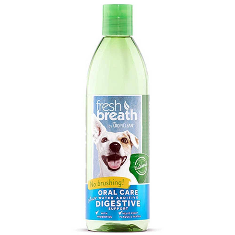 Tropiclean Fresh Breath Oral Care Water Additive bottle with a vibrant label, designed for pet dental health and digestive support.
