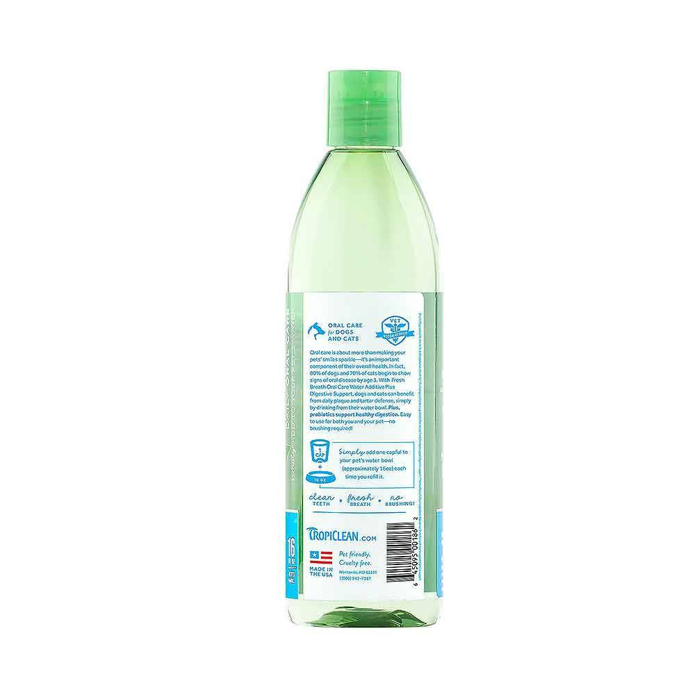 Tropiclean Fresh Breath Oral Care Water Additive bottle with a vibrant label, designed for pet dental health and digestive support.
