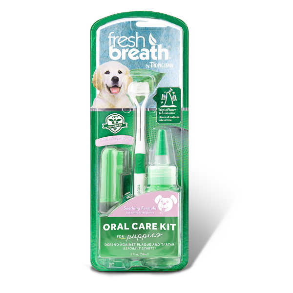 Tropiclean Fresh Breath Puppy Oral Care Kit featuring toothbrushes and gel for dental hygiene.