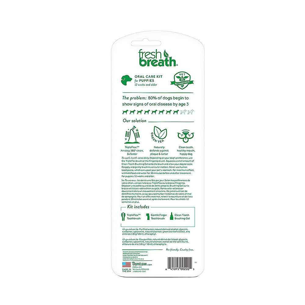 Tropiclean Fresh Breath Puppy Oral Care Kit featuring toothbrushes and gel for dental hygiene.