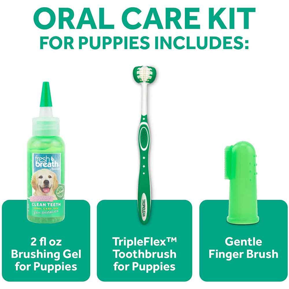 Tropiclean Fresh Breath Puppy Oral Care Kit featuring toothbrushes and gel for dental hygiene.