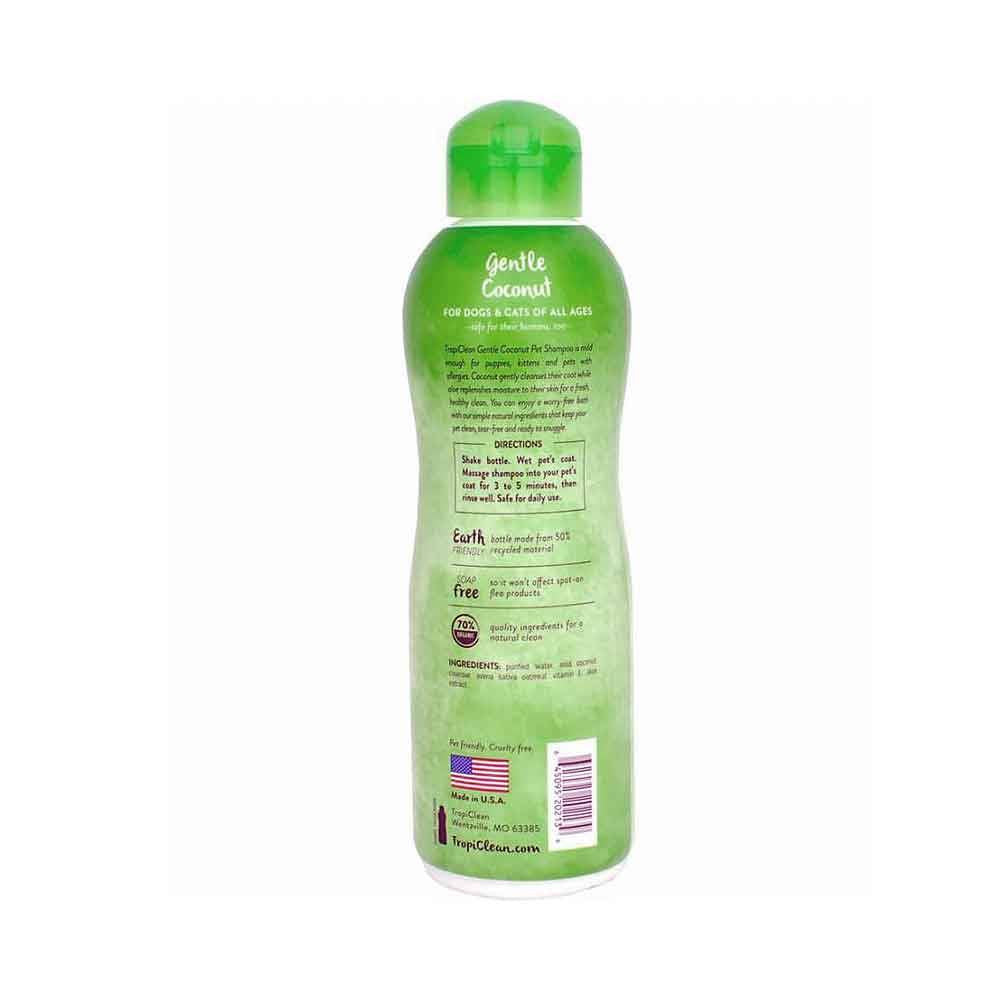A bottle of Tropiclean Gentle Coconut Pet Shampoo for puppies and kittens, featuring a coconut design and a 12 oz size.
