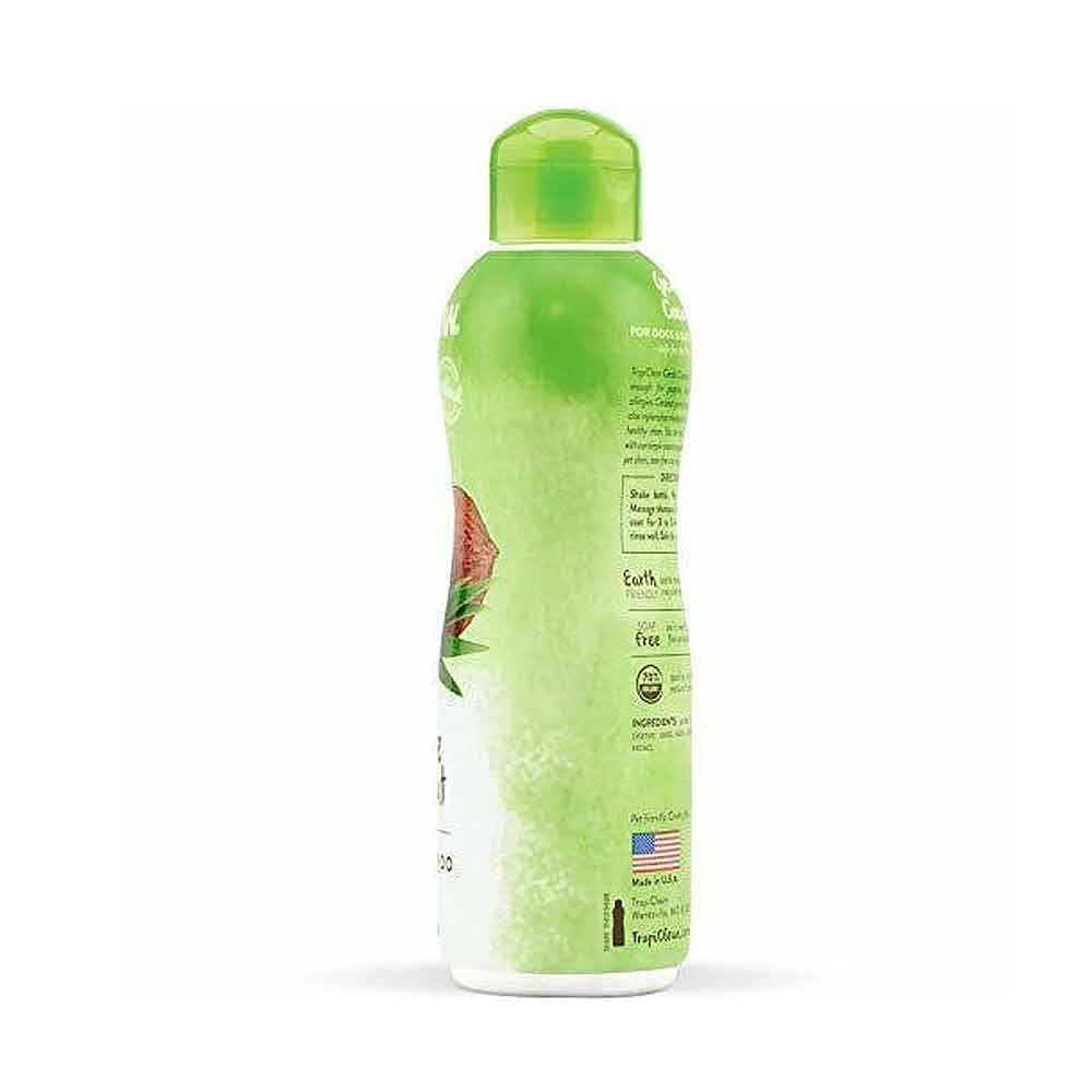 A bottle of Tropiclean Gentle Coconut Pet Shampoo for puppies and kittens, featuring a coconut design and a 12 oz size.