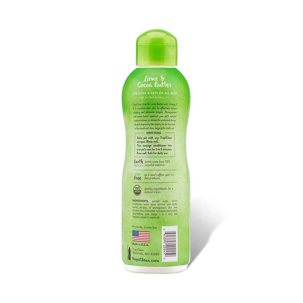 Tropiclean Lime & Cocoa Butter Pet Conditioner bottle with a tropical design, showcasing its natural ingredients and moisturizing properties.