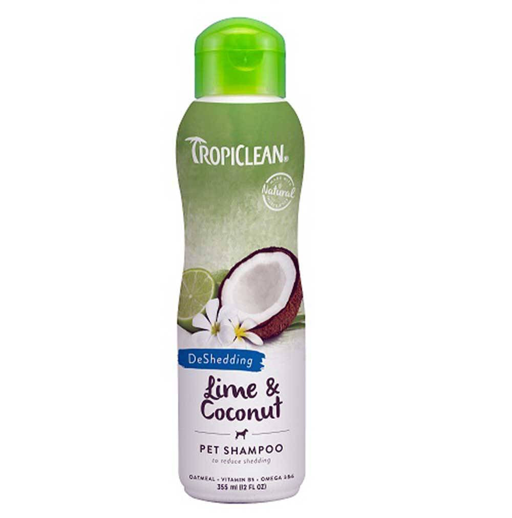Tropiclean Lime & Coconut Pet Shampoo bottle with a refreshing design, showcasing its natural ingredients for pet care.