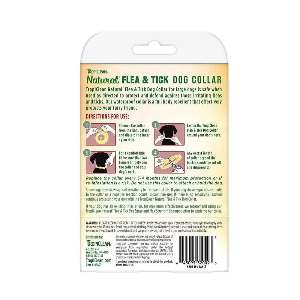Tropiclean Natural Flea & Tick Collar for Dogs, featuring natural ingredients and waterproof design, suitable for large dogs.