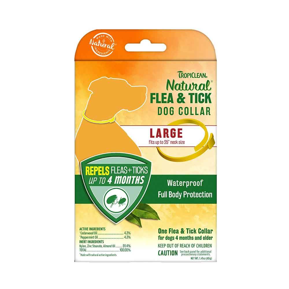 Tropiclean Natural Flea & Tick Collar for Dogs, featuring natural ingredients and waterproof design, suitable for large dogs.
