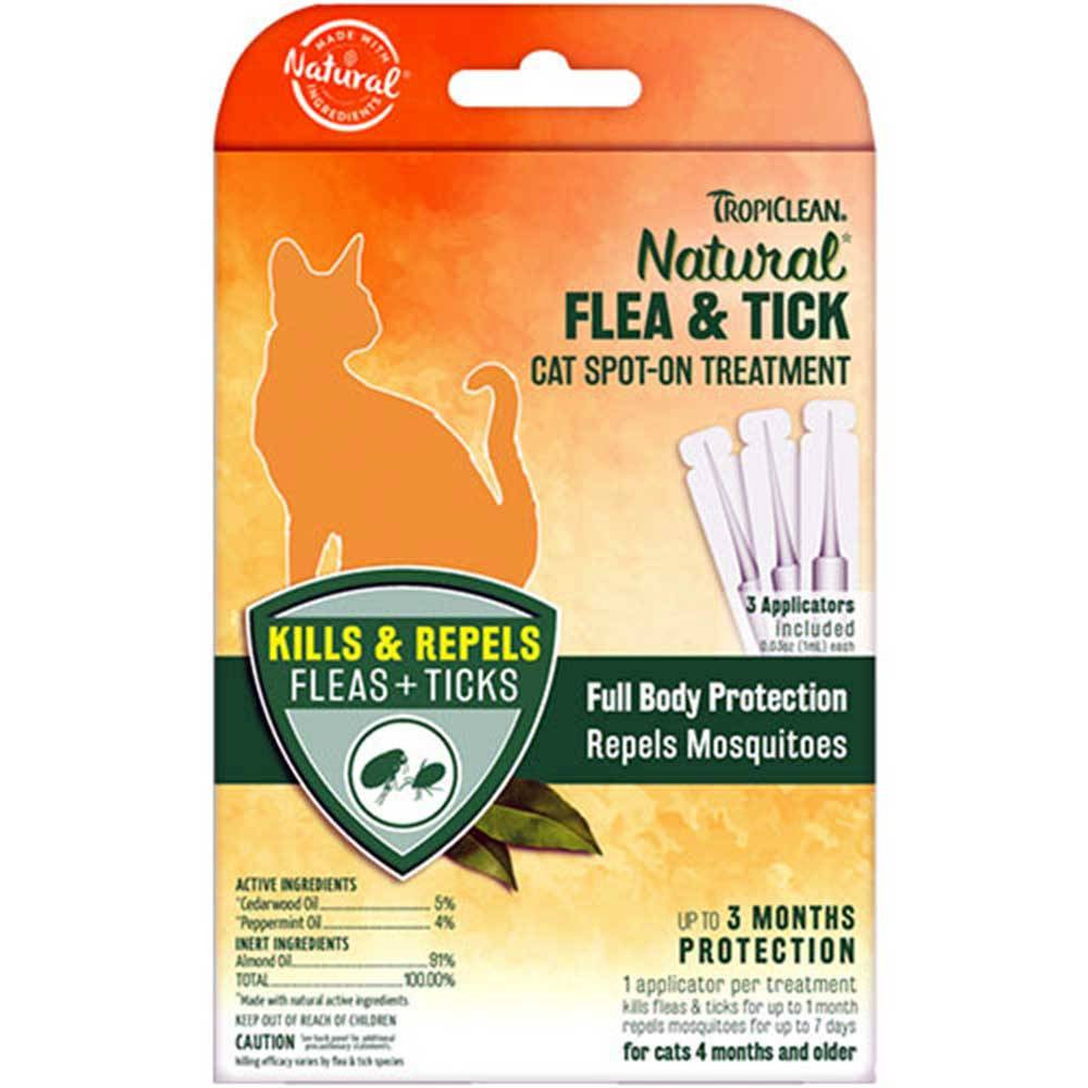 Tropiclean Natural Flea & Tick Spot On Cat Treatment packaging with applicators, showcasing natural ingredients for pet safety.