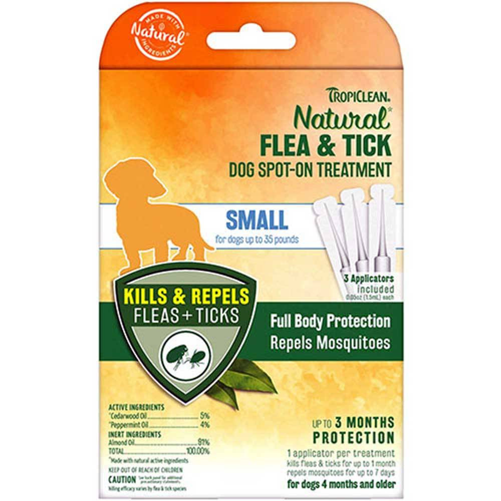Tropiclean Natural Flea & Tick Spot On Treatment for Dogs with applicators, featuring natural ingredients like cedarwood and peppermint oils.
