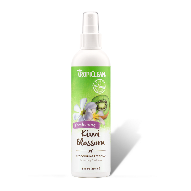 Tropiclean Kiwi Blossom Deodorizing Pet Spray in a 236 ml spray bottle, featuring a tropical design and vibrant colors.