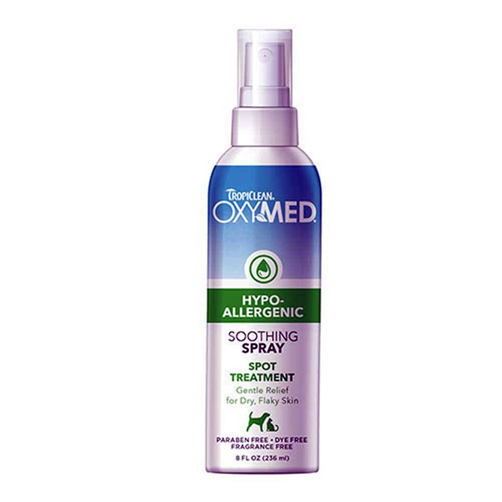 Tropiclean Oxymed Hypo-Allergenic Soothing Spray for dogs and cats in an 8 fl oz bottle, designed for allergy relief.