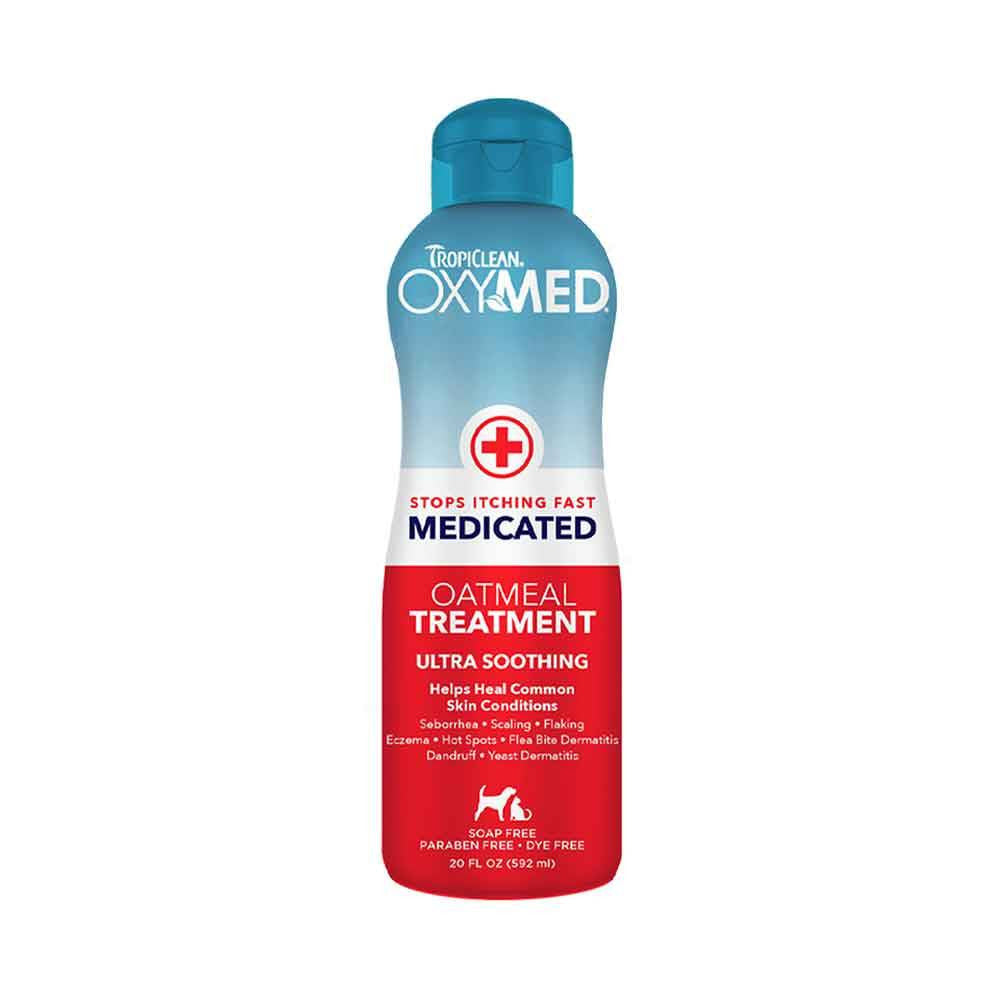 Tropiclean Oxymed Medicated Oatmeal Treatment bottle for dogs and cats, featuring a soothing formula for skin relief.