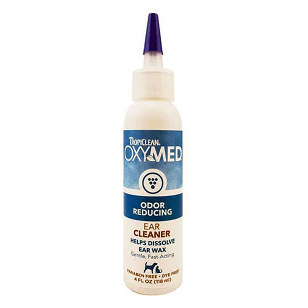 Tropiclean Oxymed Odor Reducing Ear Cleaner for Dogs and Cats in a 4 oz bottle, featuring a gentle formula for ear hygiene.