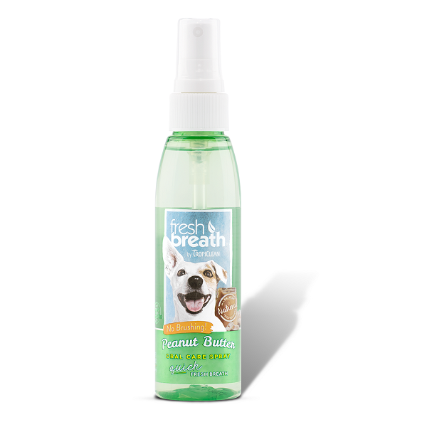 Tropiclean Peanut Butter Oral Care Spray for Dogs in a spray bottle, designed for freshening dog breath and promoting oral health.