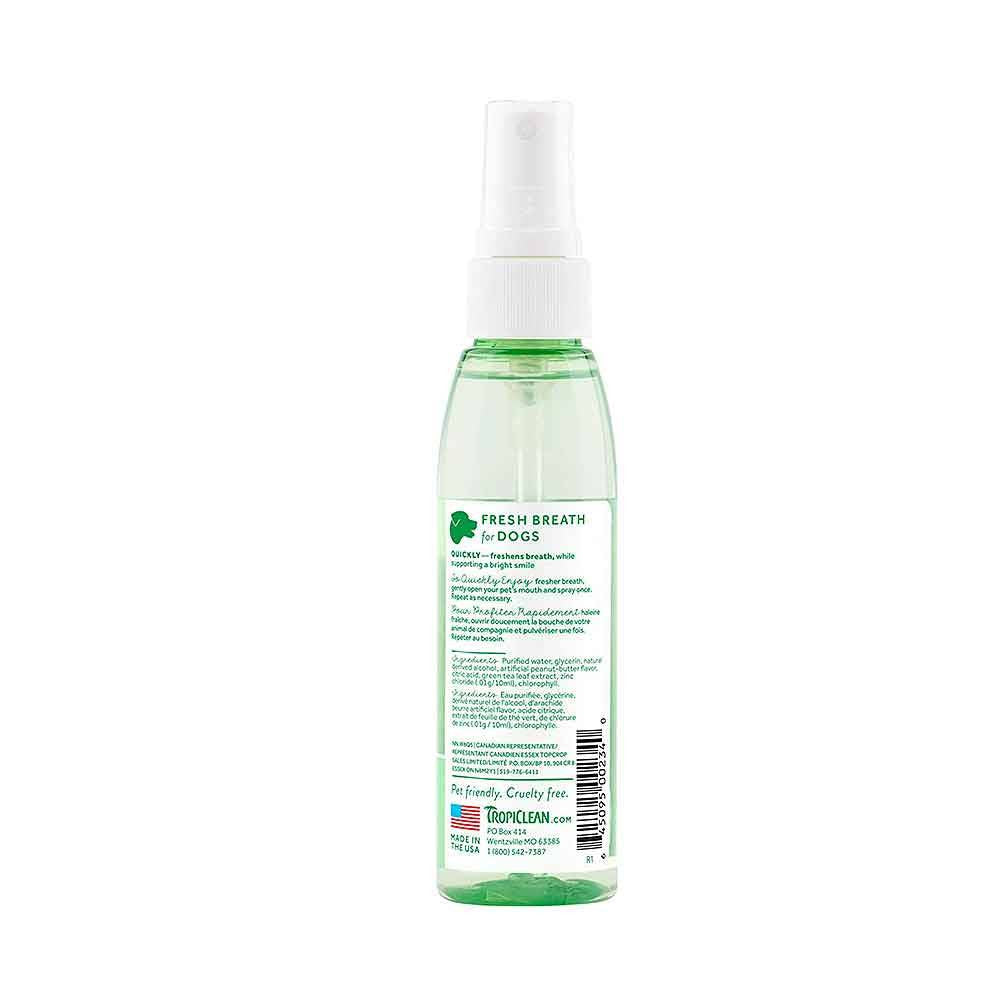 Tropiclean Peanut Butter Oral Care Spray for Dogs in a spray bottle, designed for freshening dog breath and promoting oral health.