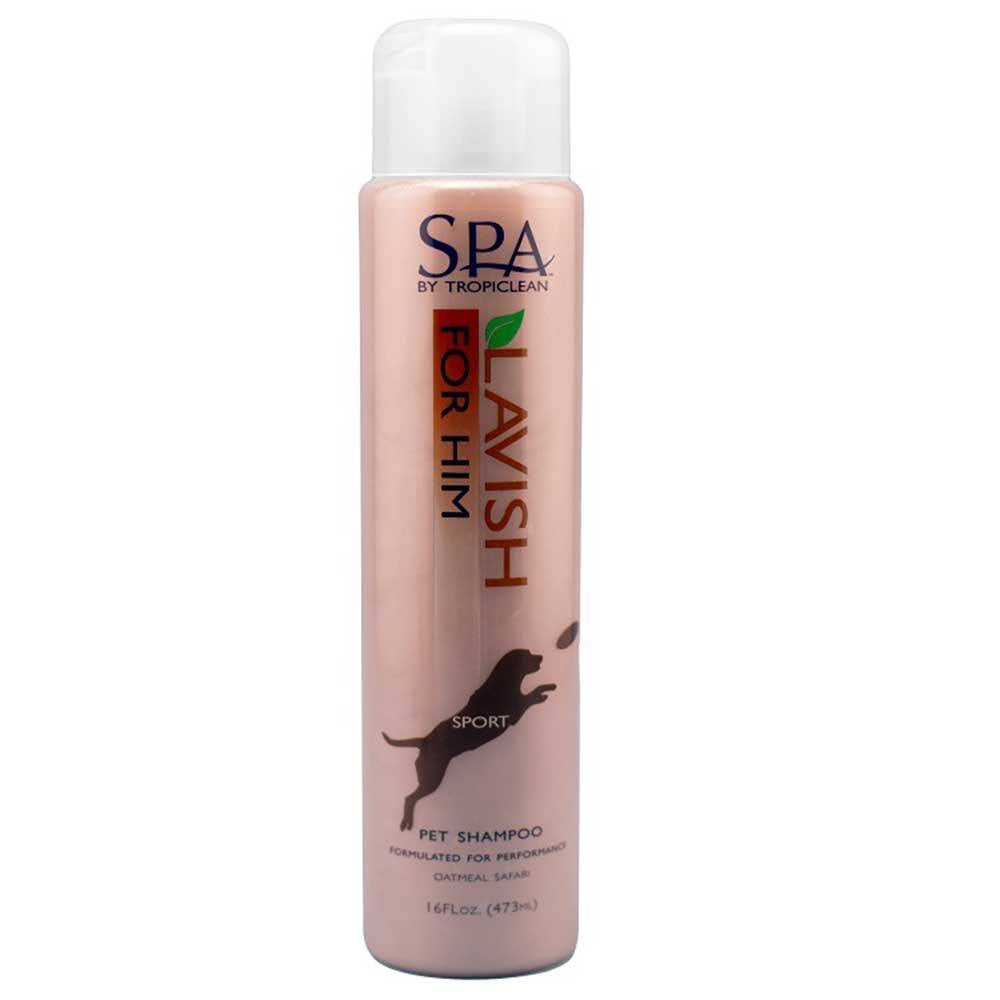 Tropiclean SPA Lavish For Him Pet Shampoo bottle with a fresh scent of nectarine and ginger, designed for all breeds.