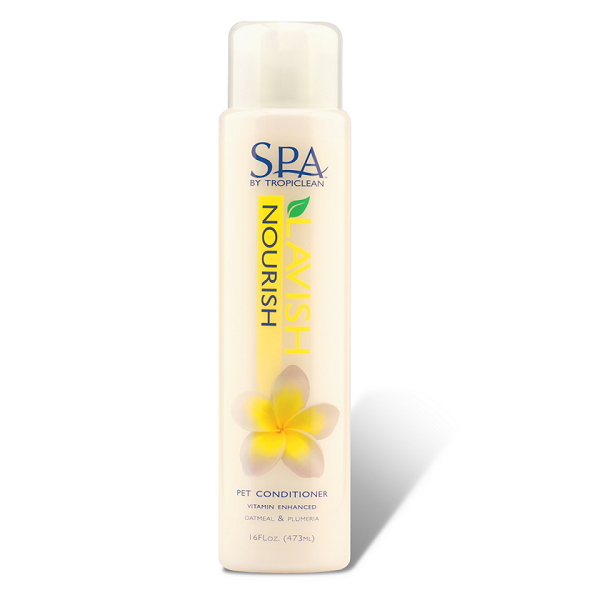 Tropiclean SPA Lavish Nourish Pet Conditioner bottle with a vibrant label showcasing its natural ingredients and benefits for pet grooming.