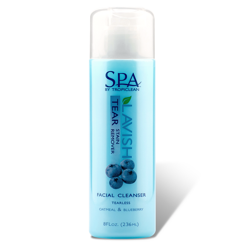 Tropiclean SPA Lavish Tear Stain Remover & Facial Cleanser bottle with a soothing design, featuring natural ingredients like vanilla and blueberry.