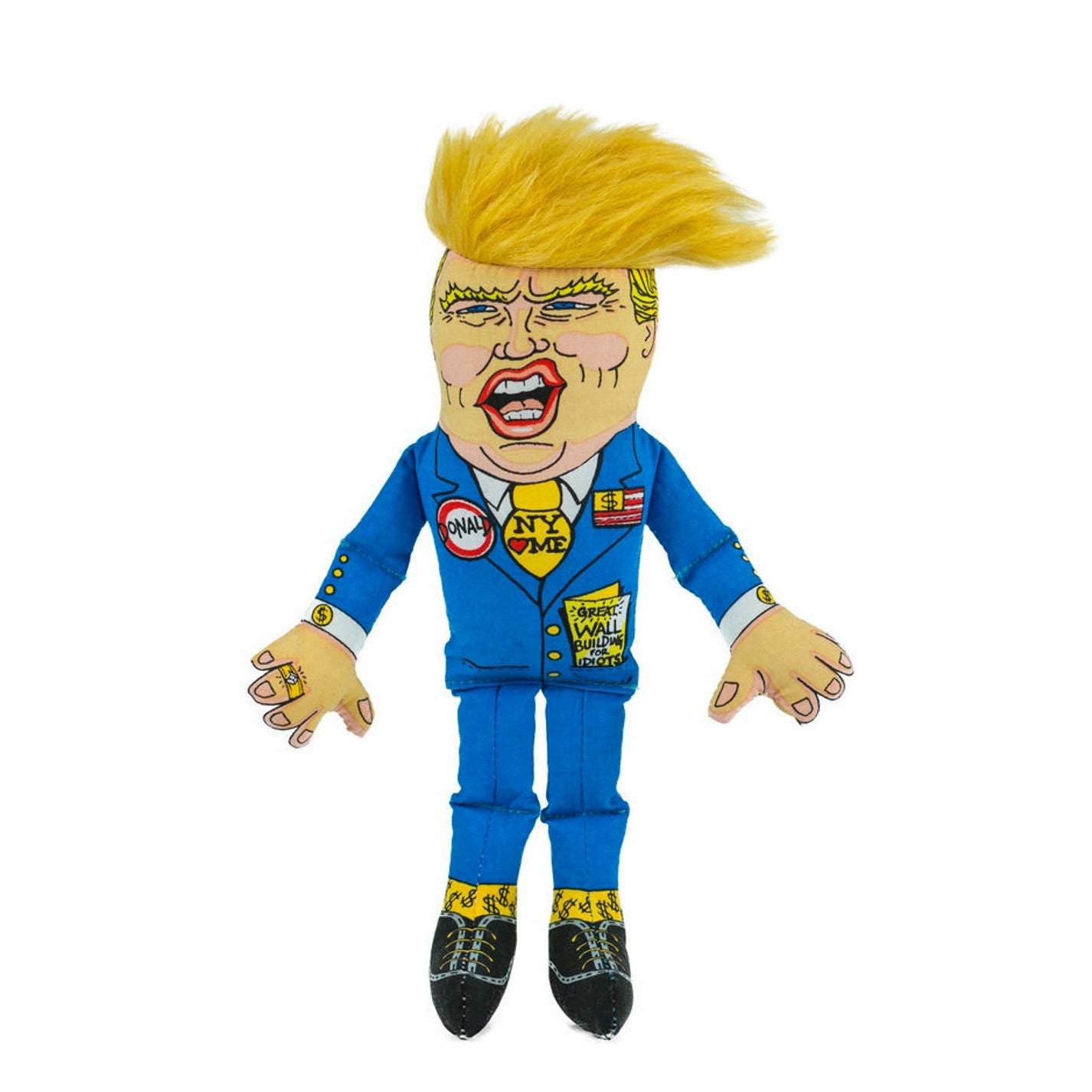 A colorful Donald Trump themed dog chew toy, featuring durable polyester material and triple stitching, perfect for dogs of all sizes.