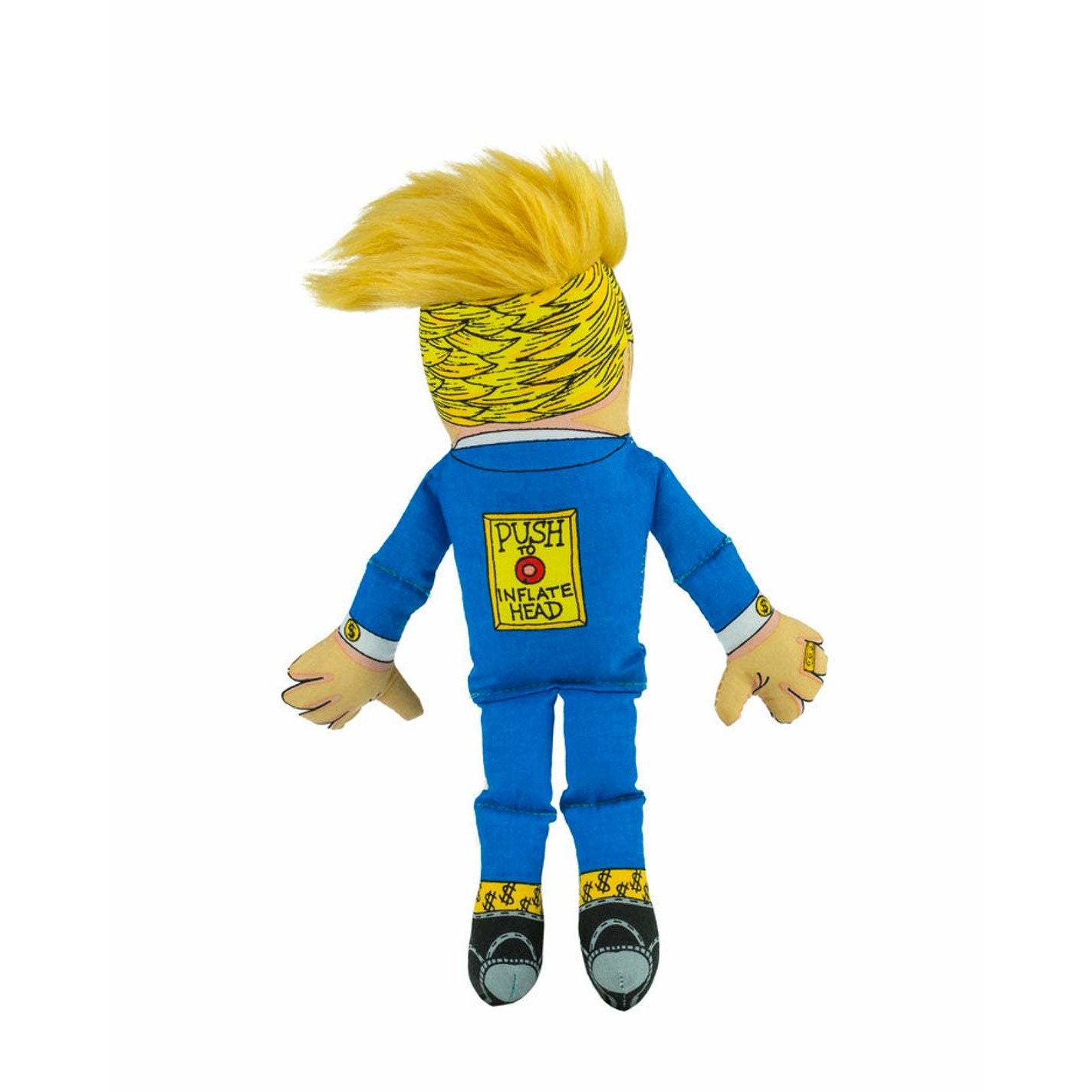 A colorful Donald Trump themed dog chew toy, featuring durable polyester material and triple stitching, perfect for dogs of all sizes.