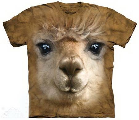 A comfortable Big Alpaca Face t-shirt featuring a large, friendly alpaca graphic, made from 100% cotton.