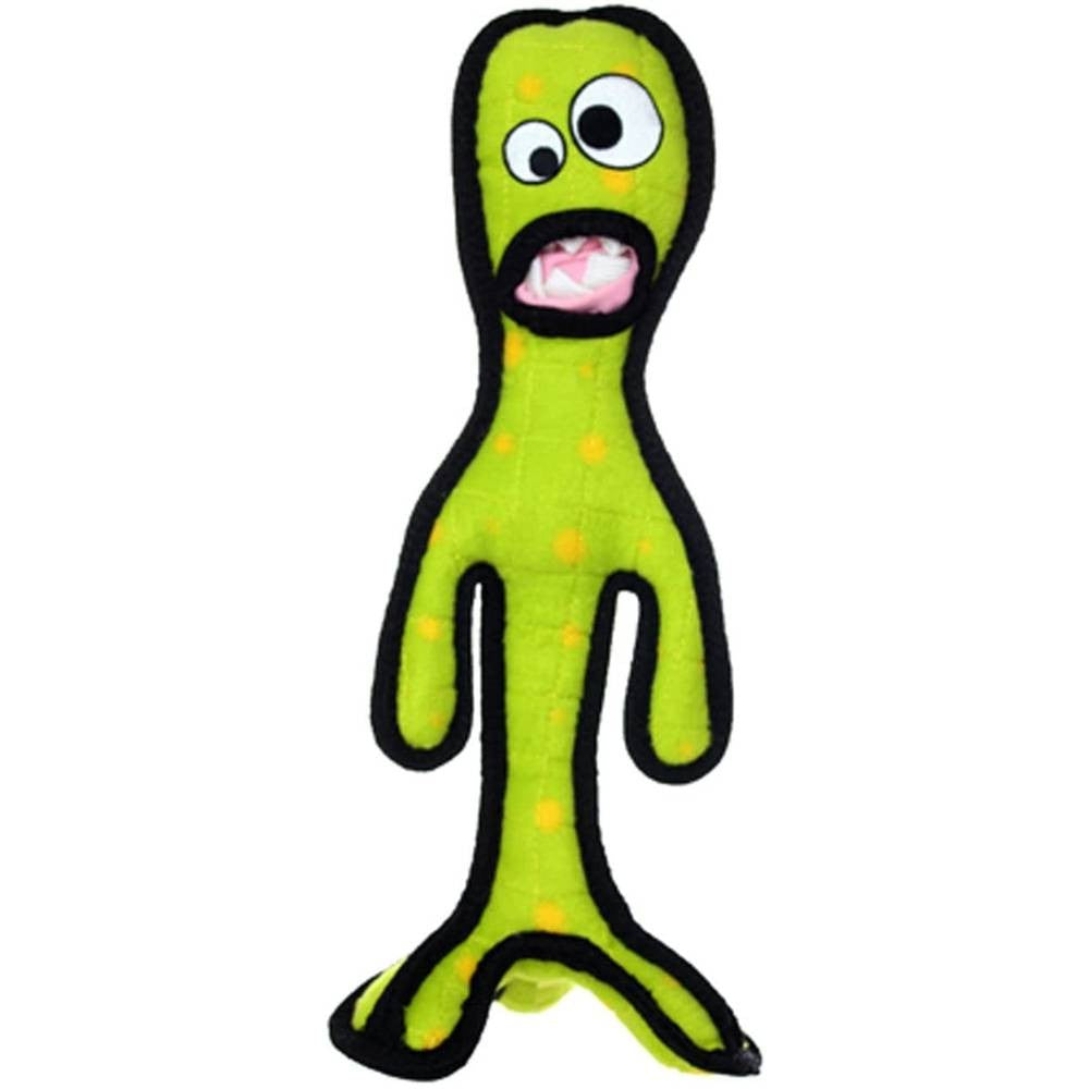 Tuffy Alien G6 Green dog toy featuring multiple layers for durability, designed for medium to large dogs with a squeaker safely enclosed.