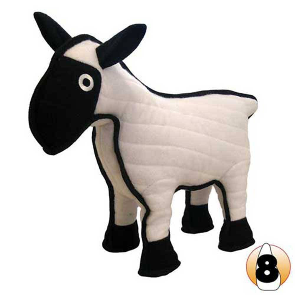 Tuffy Barnyard Series Sherman The Sheep Dog Toy, a durable plush toy designed for medium to large dogs, featuring soft edges and no squeakers.